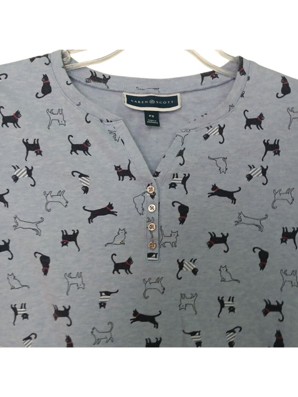 Karen Scott PS Cat Print Henley TShirt Blue Cotton Blend Short Sleeve #I-9 - Picture 5 of 7